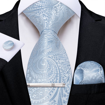 Light Blue Paisley Men's Tie Handkerchief Cufflinks Clip Set