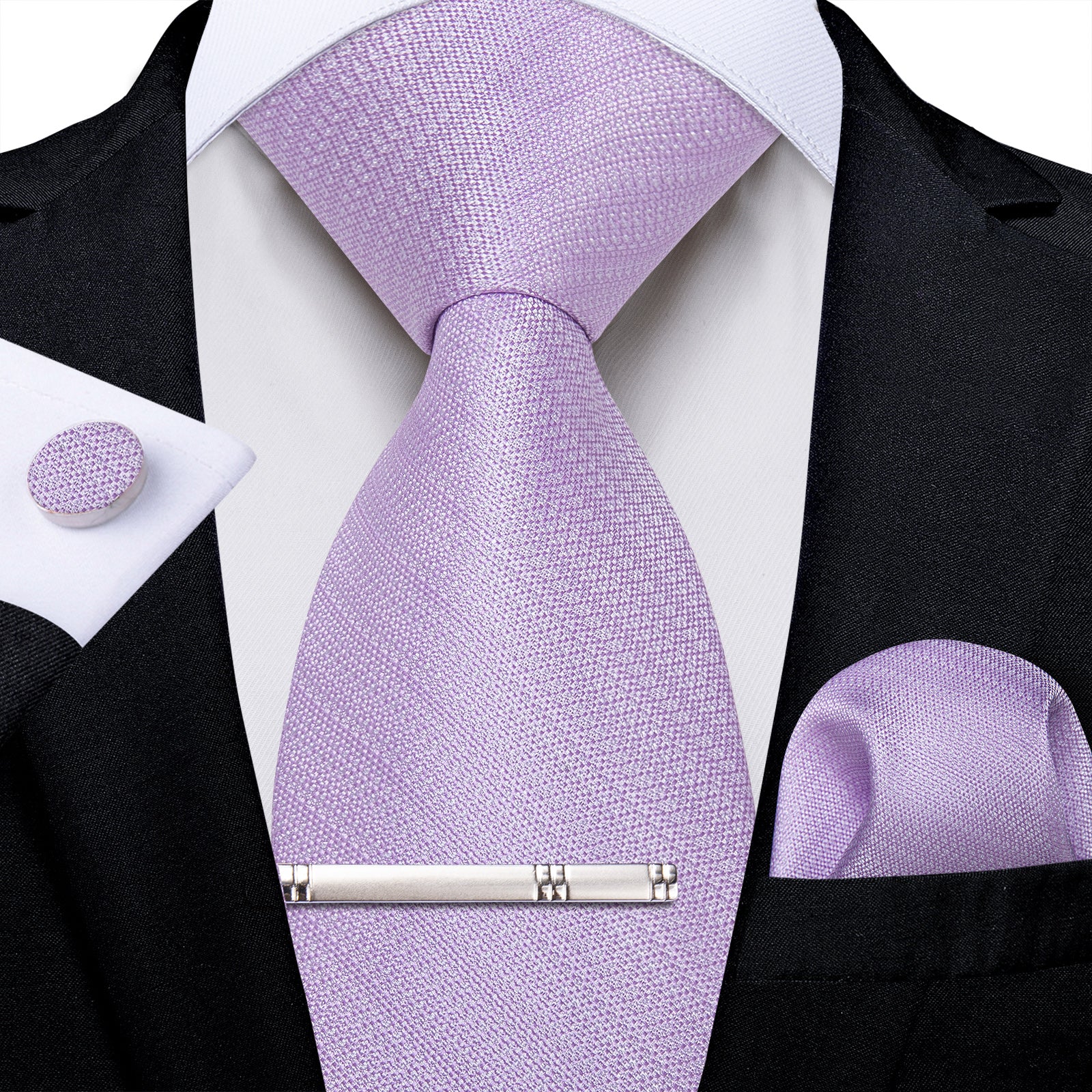 Purple Solid Men's Tie Handkerchief Cufflinks Clip Set