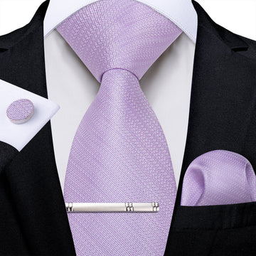 Purple Solid Men's Tie Handkerchief Cufflinks Clip Set