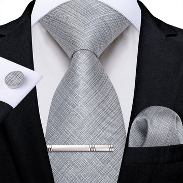 Grey Solid Men's Tie Handkerchief Cufflinks Clip Set