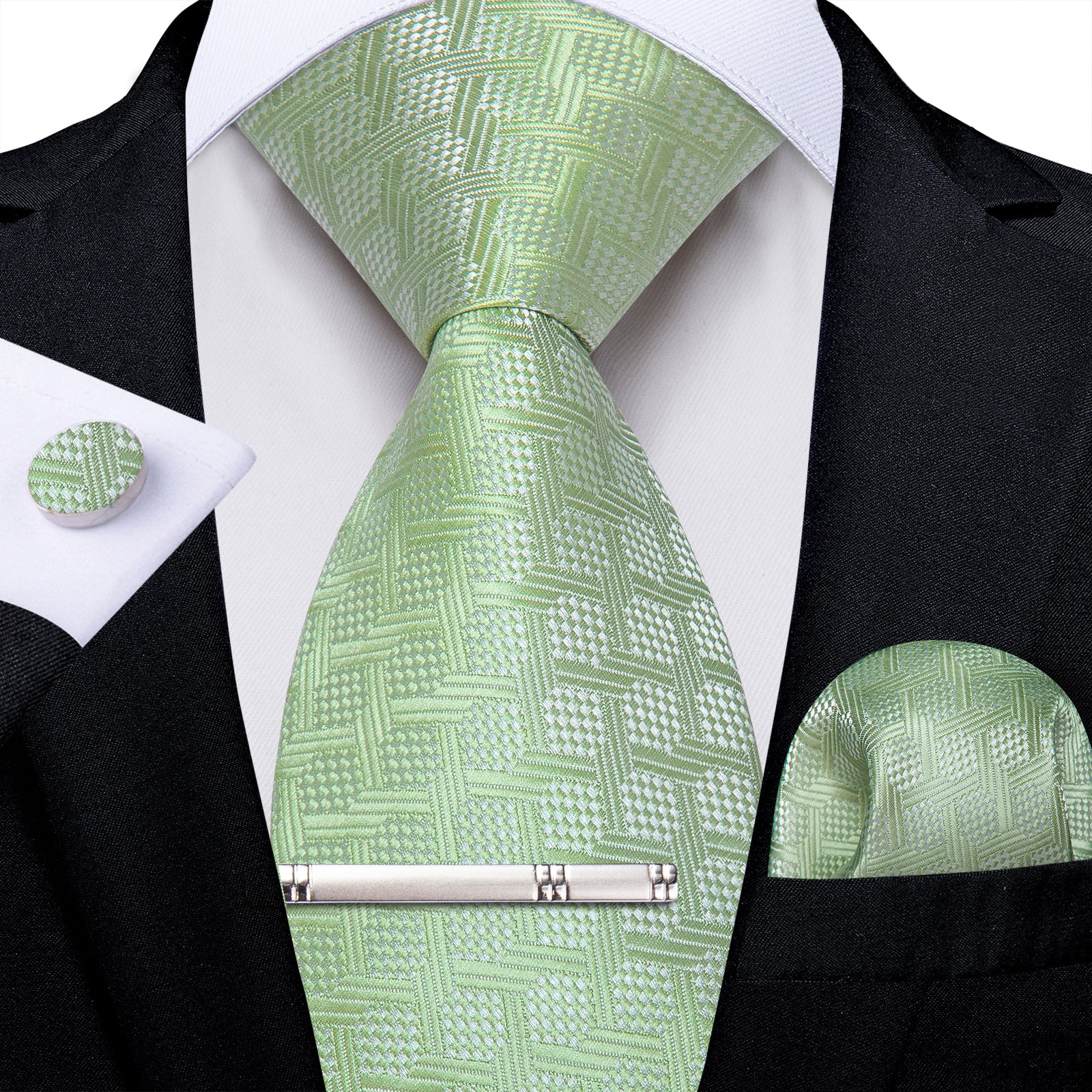 Green Plaid Men's Tie Handkerchief Cufflinks Clip Set