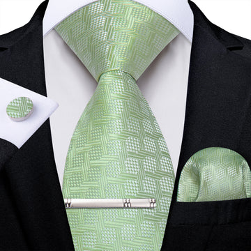 Green Plaid Men's Tie Handkerchief Cufflinks Clip Set