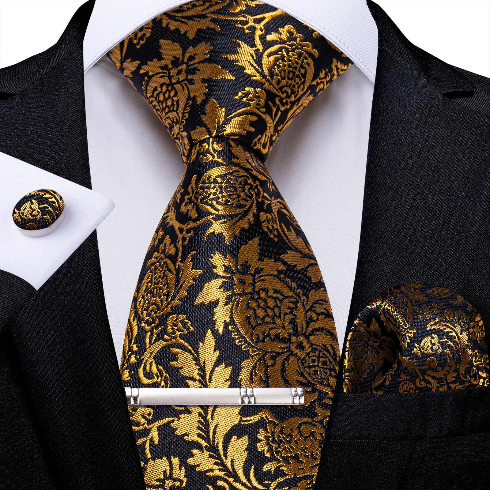 Black Golden Floral Men's Tie Handkerchief Cufflinks Clip Set