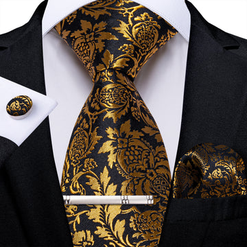Black Golden Floral Men's Tie Handkerchief Cufflinks Clip Set