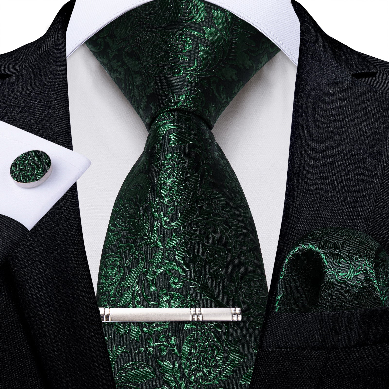 Black Green Floral Men's Tie Handkerchief Cufflinks Clip Set
