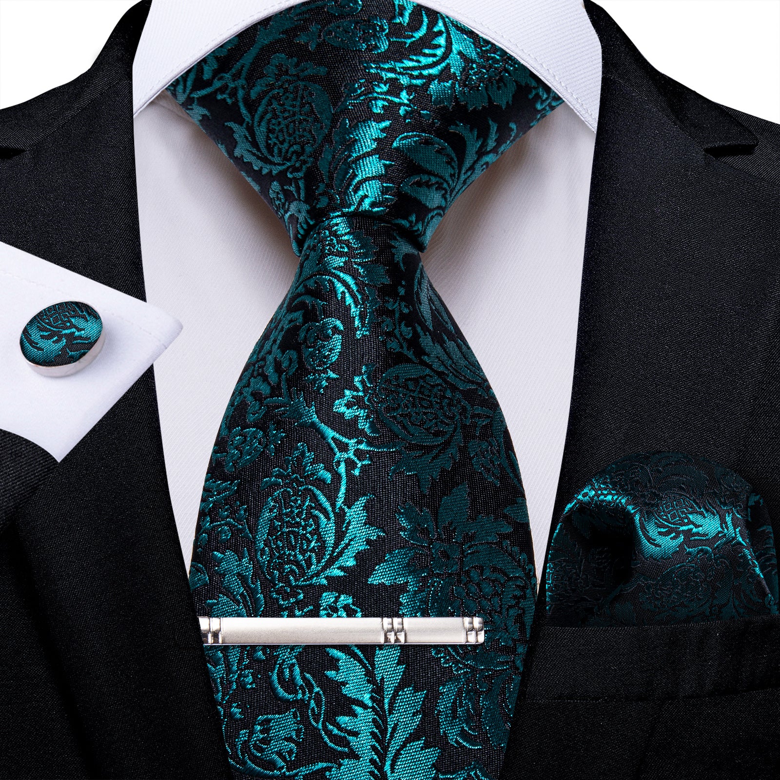 Black Teal Floral Men's Tie Handkerchief Cufflinks Clip Set