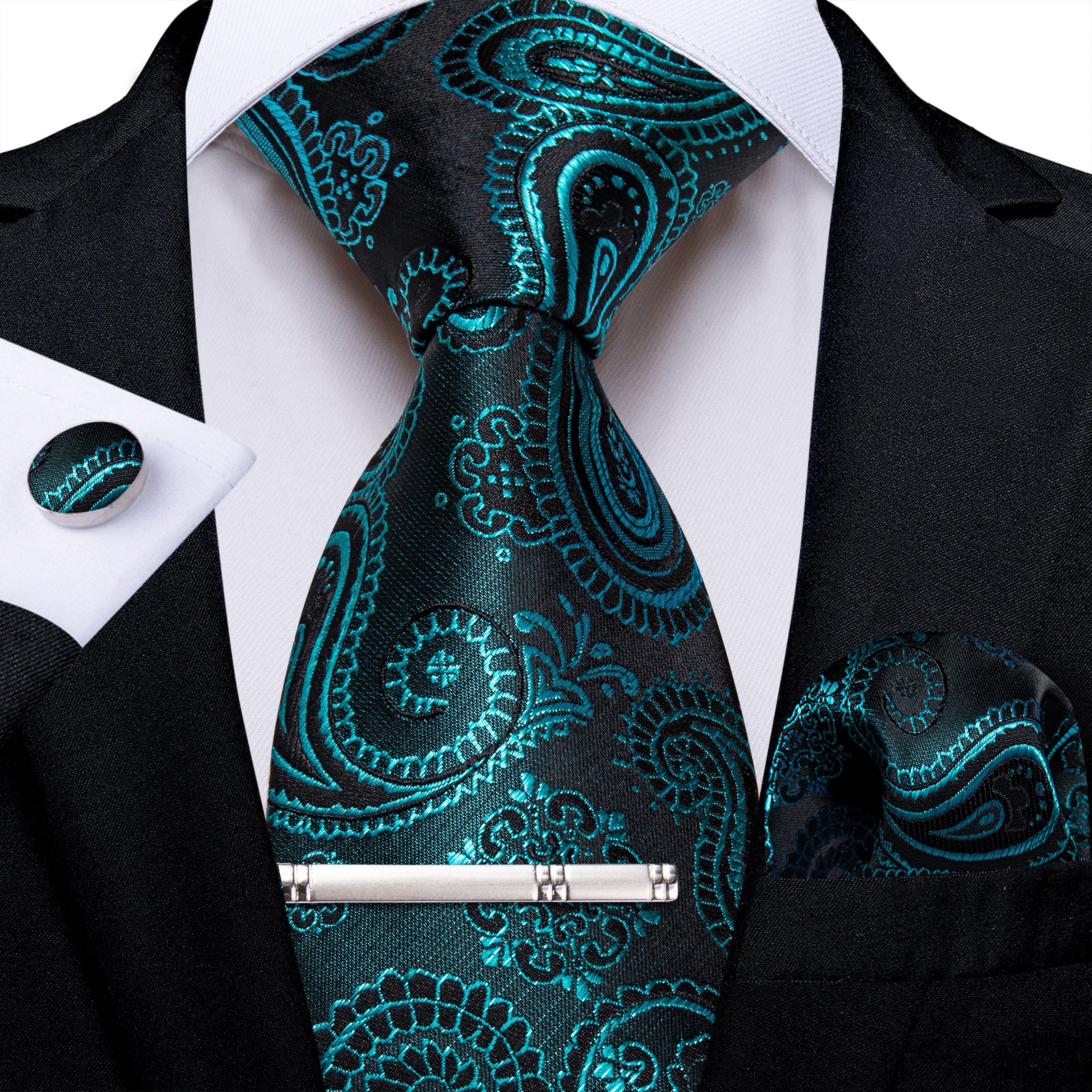 Black Teal Paisley Men's Tie Handkerchief Cufflinks Clip Set