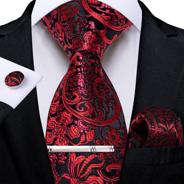 Black Red Floral Men's Tie Handkerchief Cufflinks Clip Set