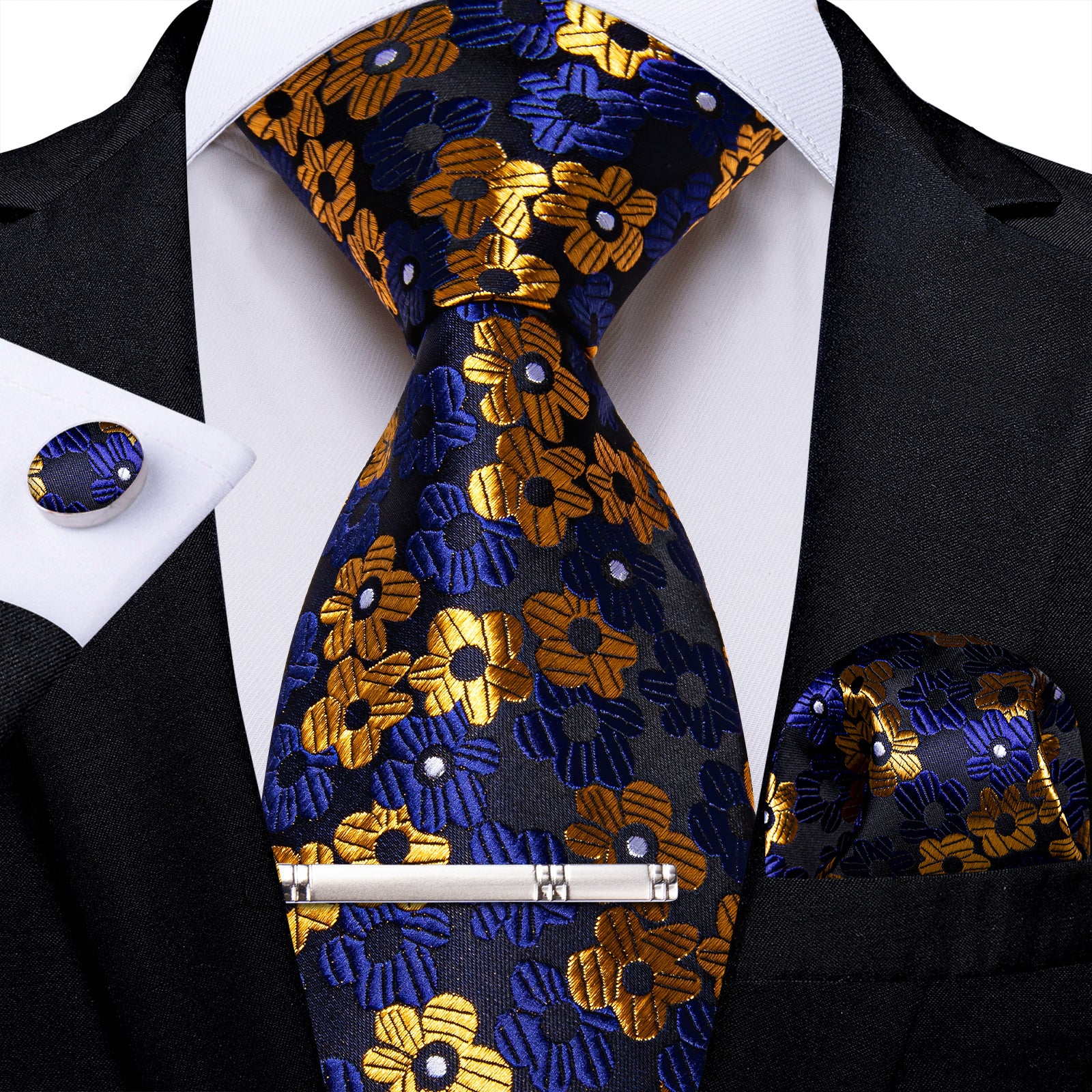 Black Blue Golden Floral Men's Tie Handkerchief Cufflinks Clip Set
