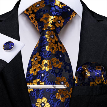 Black Blue Golden Floral Men's Tie Handkerchief Cufflinks Clip Set