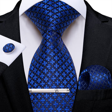 Blue Plaid Men's Tie Handkerchief Cufflinks Clip Set