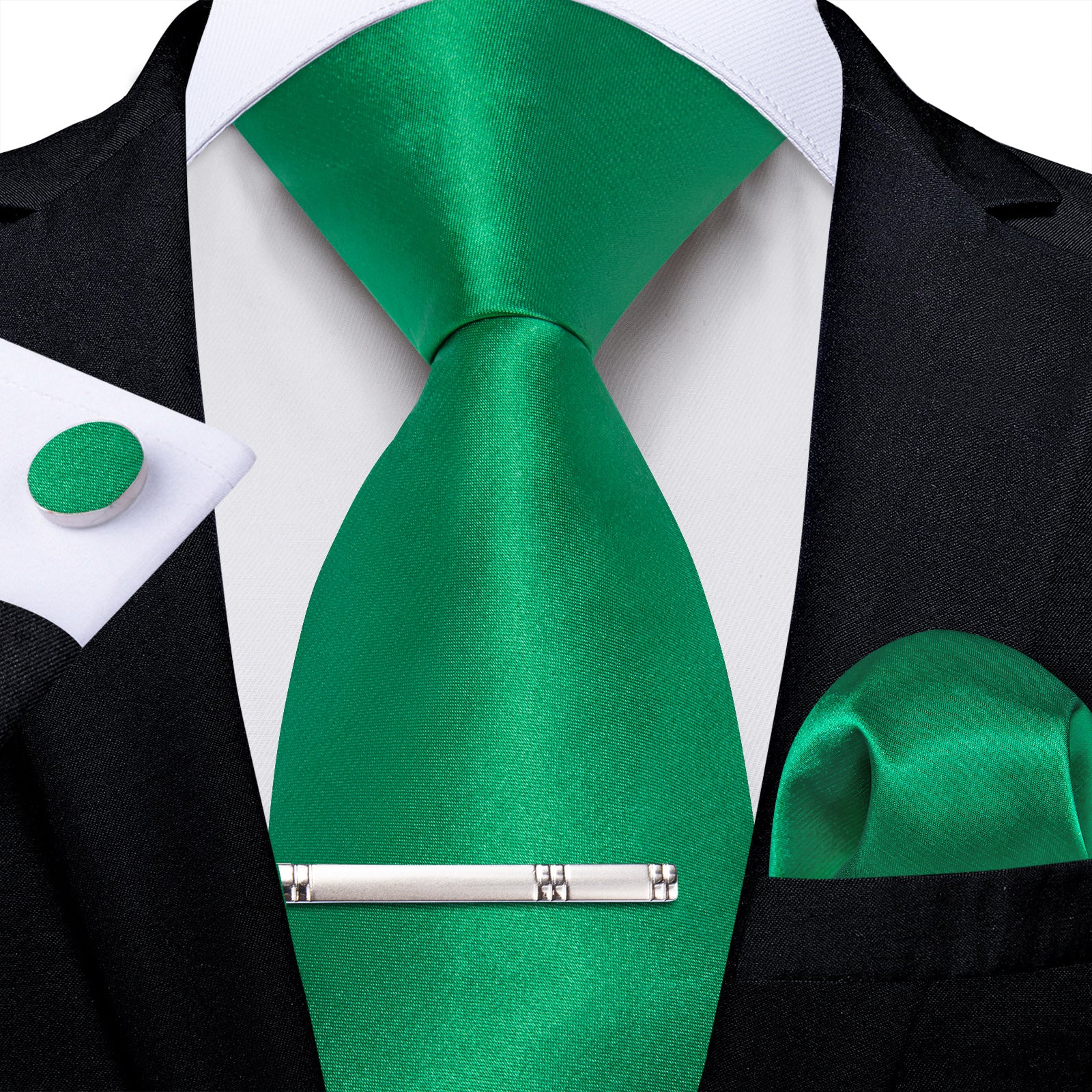 Green Solid Men's Tie Handkerchief Cufflinks Clip Set