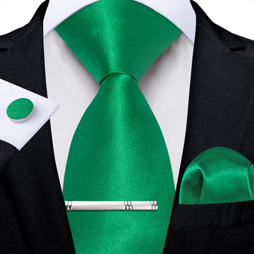 Green Solid Men's Tie Handkerchief Cufflinks Clip Set