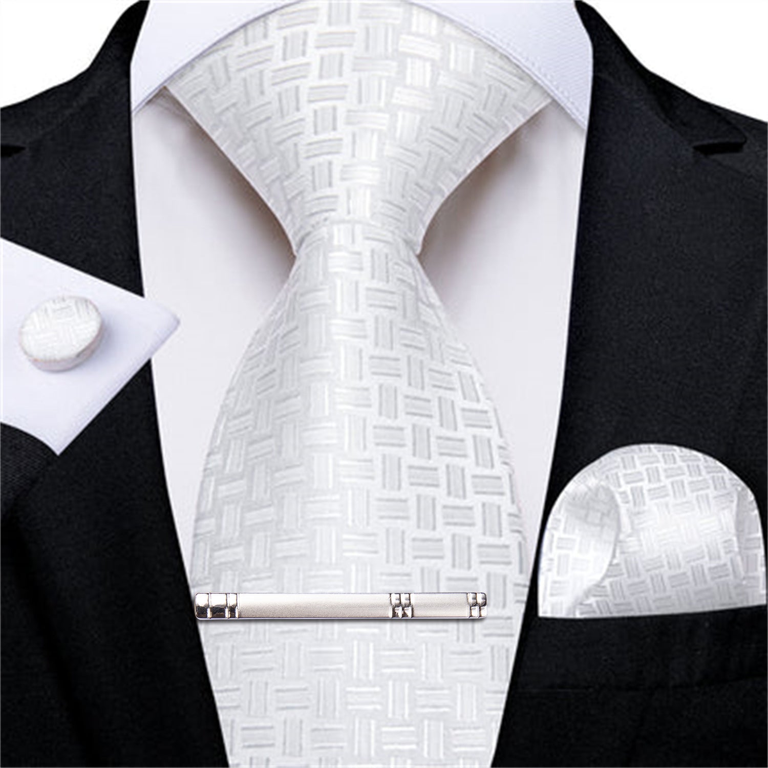 White Striped Men's Tie Handkerchief Cufflinks Clip Set