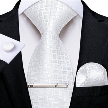 White Striped Men's Tie Handkerchief Cufflinks Clip Set