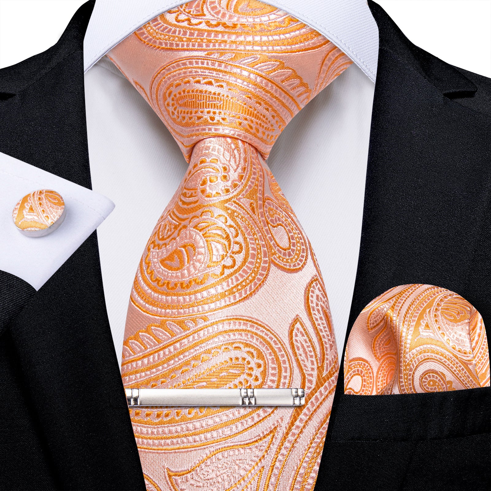 Orange Paisley Men's Tie Handkerchief Cufflinks Clip Set
