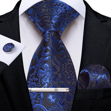 Black Blue Floral Men's Tie Handkerchief Cufflinks Clip Set
