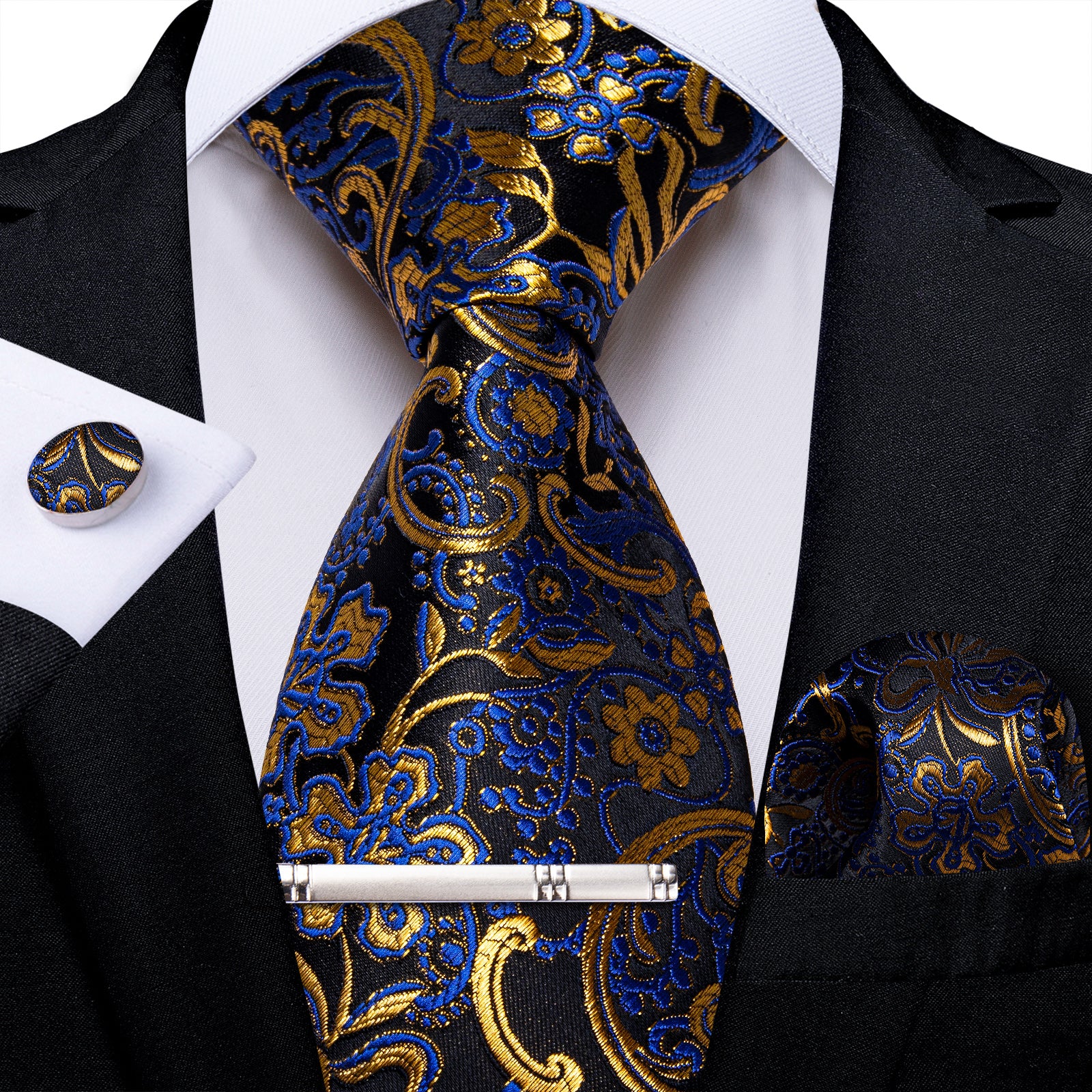 Black Blue Golden Floral Men's Tie Handkerchief Cufflinks Clip Set