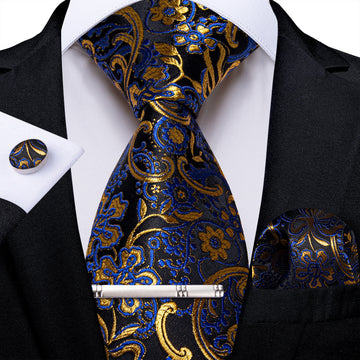 Black Blue Golden Floral Men's Tie Handkerchief Cufflinks Clip Set