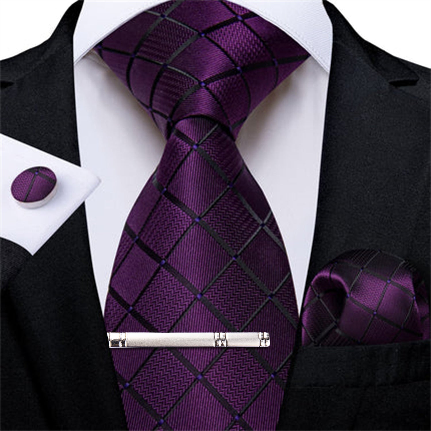 DiBanGu Silk Tie Dark Purple Plaid Mens Tuxedo Work Dresses Tie Pocket Square Cufflinks Clip Set