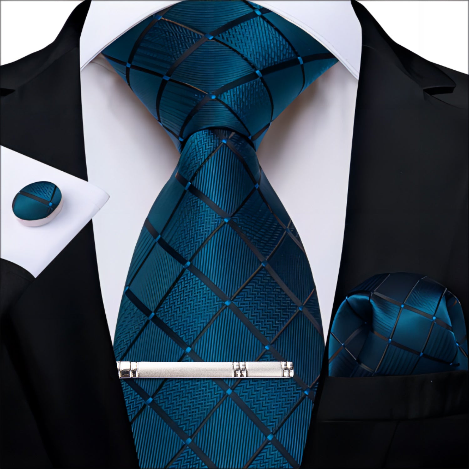 DiBanGu Dress Tie Deep Teal Plaid Men's Silk Tie Pocket Square Cufflinks Clip Set
