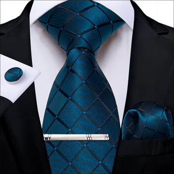 DiBanGu Dress Tie Deep Teal Plaid Men's Silk Tie Pocket Square Cufflinks Clip Set