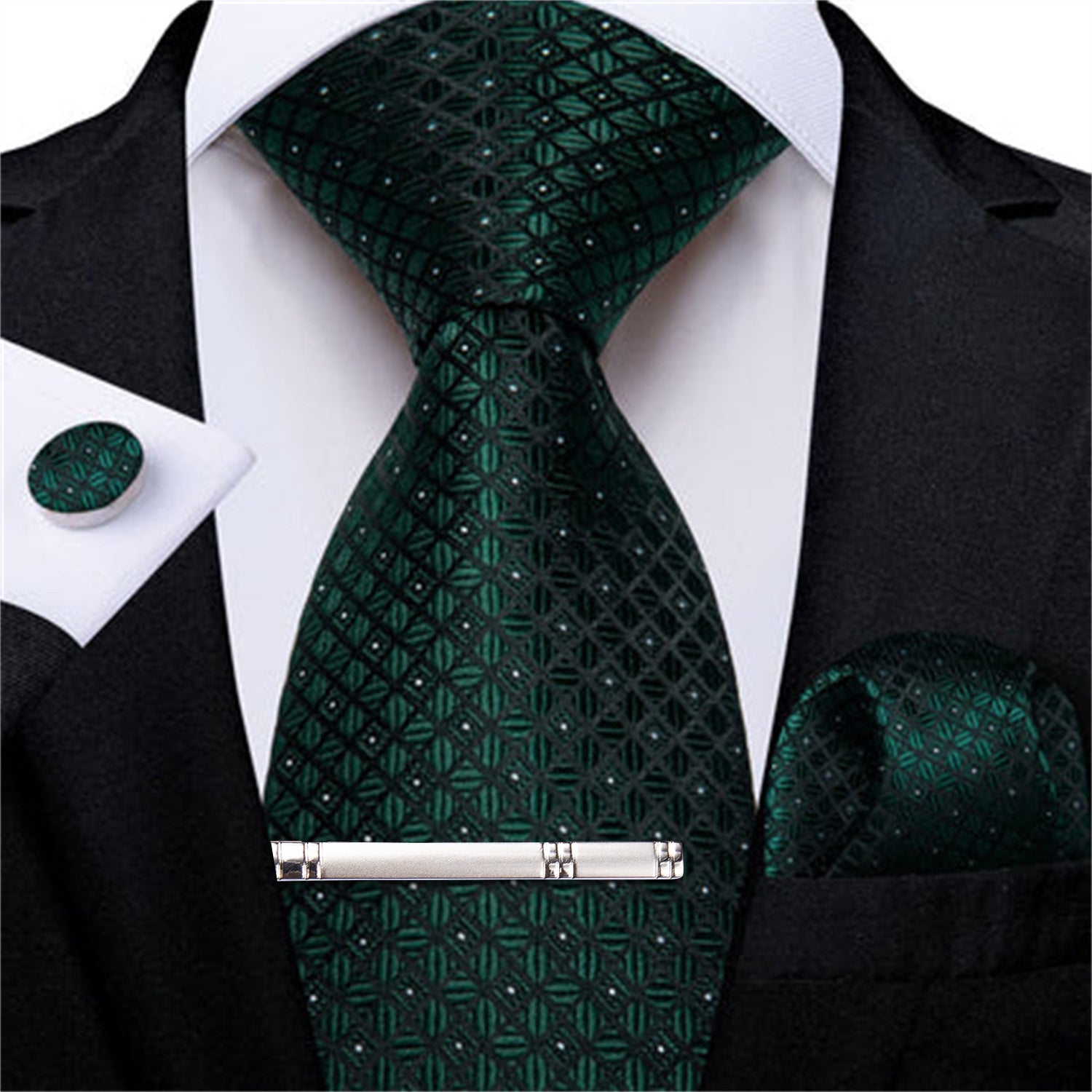 DiBanGu Dress Tie Forest Green Plaid Men's Silk Tie Handkerchief Cufflinks Clip Set