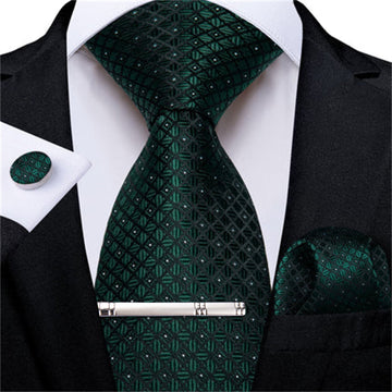 DiBanGu Dress Tie Forest Green Plaid Men's Silk Tie Handkerchief Cufflinks Clip Set