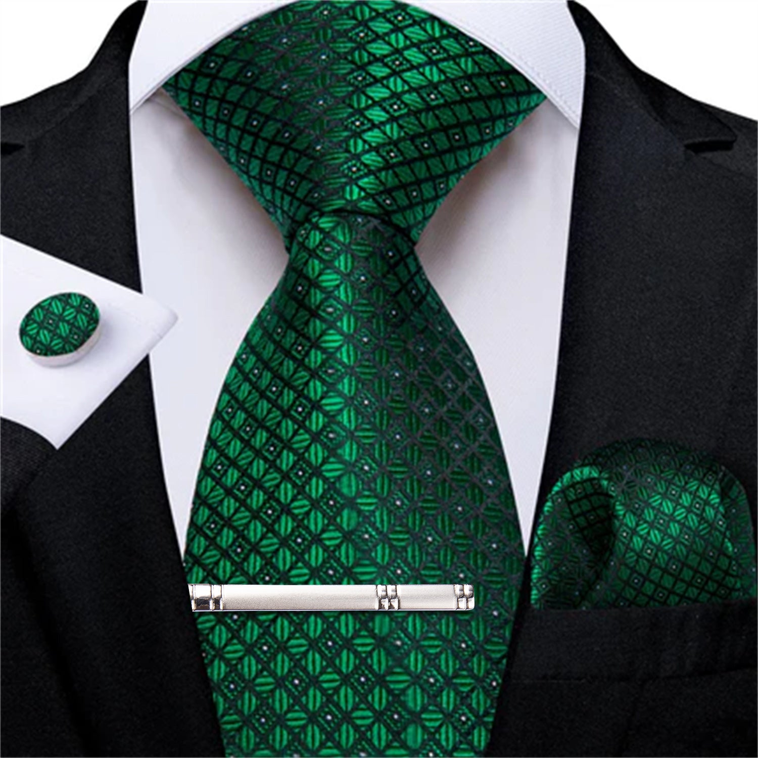 DiBanGu Dress Tie Emerald Green Plaid Men's Silk Tie Handkerchief Cufflinks Clip Set