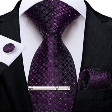 DiBanGu Dress Tie Deep Purple Plaid Men's Silk Tie Handkerchief Cufflinks Clip Set