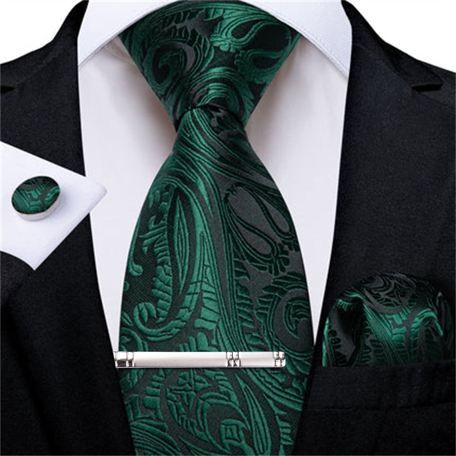 DiBanGu Dress Tie Deep Green Paisley Men's Silk Tie Handkerchief Cufflinks Clip Set