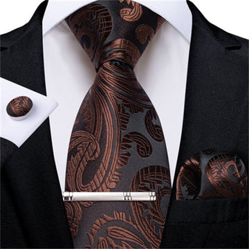 DiBanGu Dress Tie Brown Paisley Men's Silk Tie Handkerchief Cufflinks Clip Set