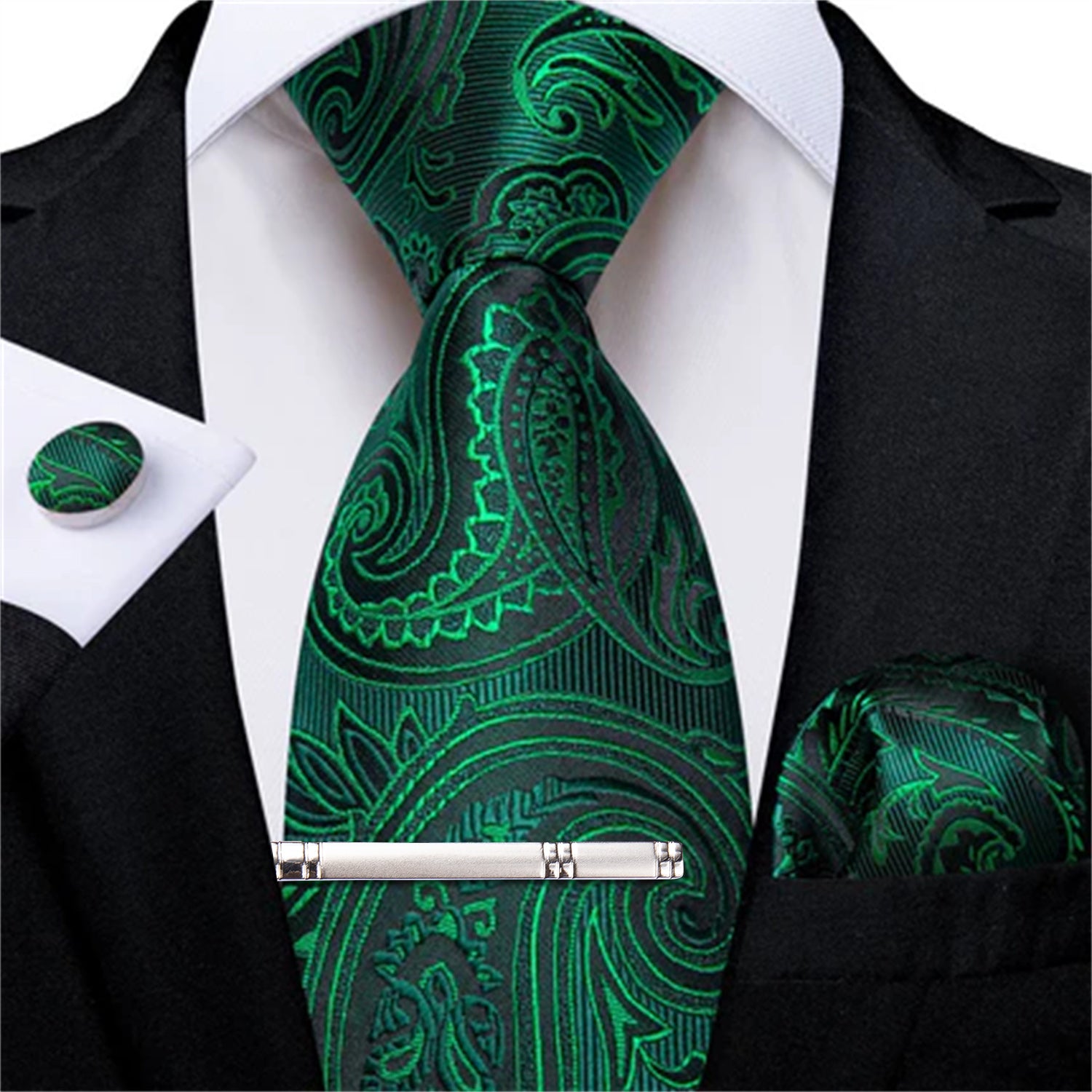 DiBanGu Dress Tie Emerald Green Paisley Men's Silk Tie Handkerchief Cufflinks Clip Set