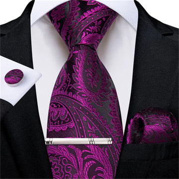 DiBanGu Dress Tie Violet Purple Paisley Men's Silk Tie Handkerchief Cufflinks Clip Set