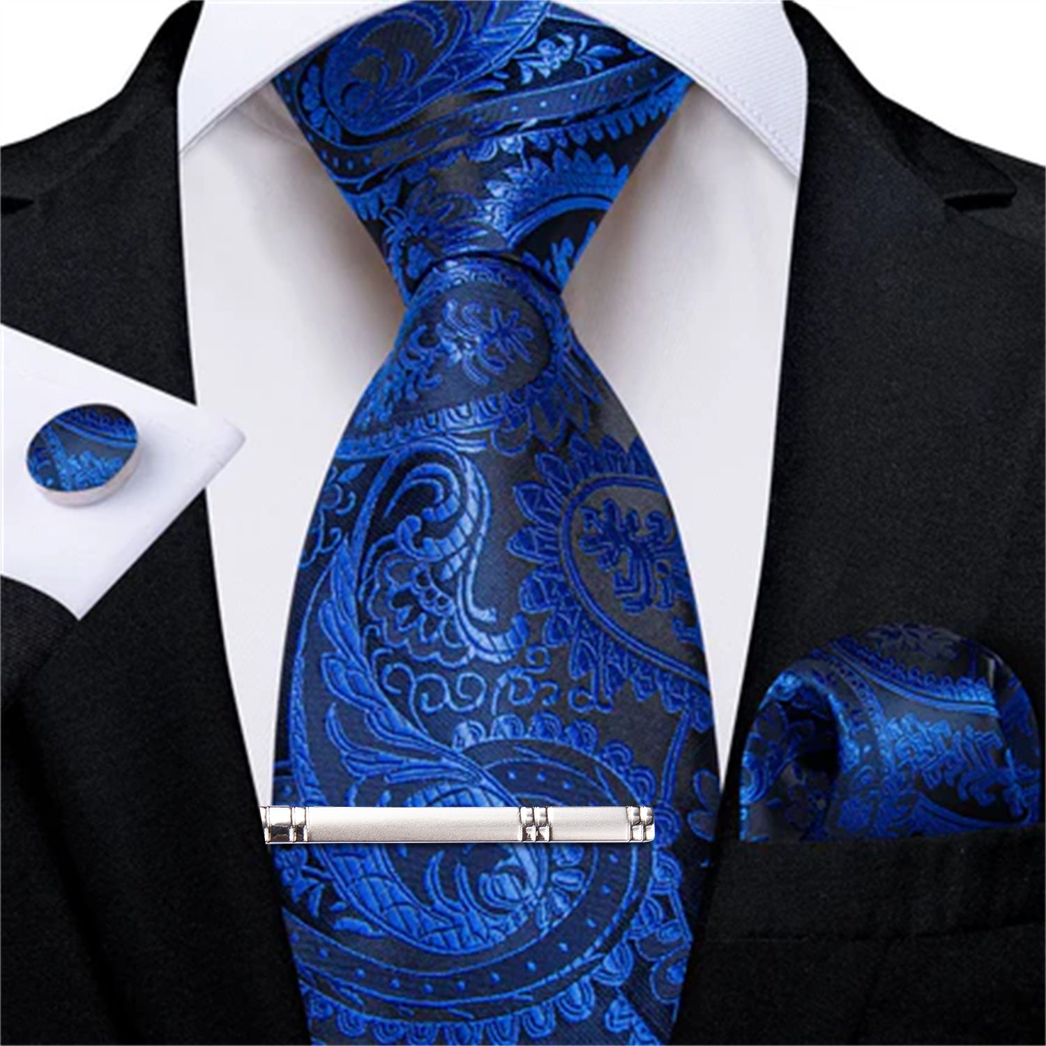 DiBanGu Dress Tie Blue Paisley Men's Silk Tie Handkerchief Cufflinks Clip Set
