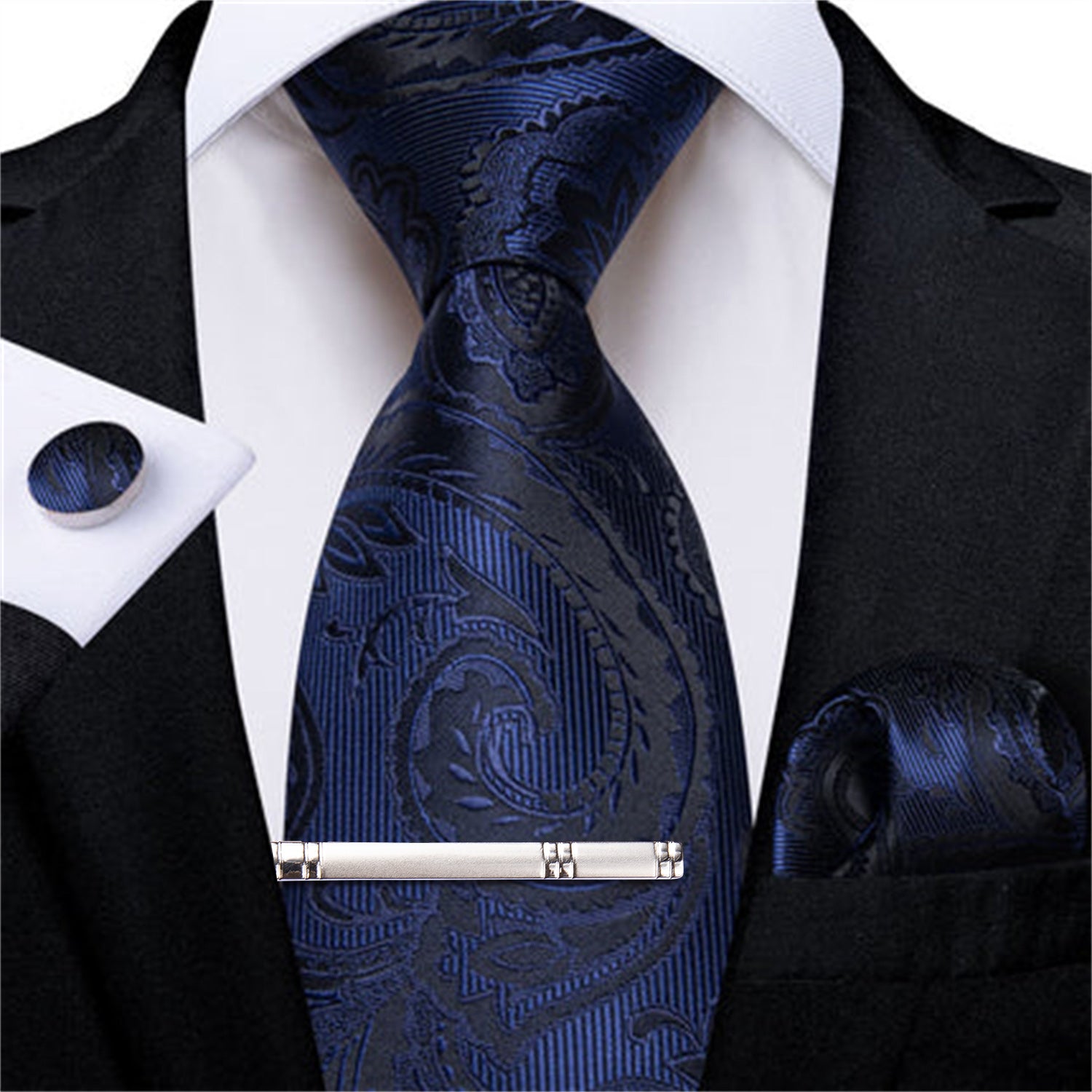 DiBanGu Dress Tie Berry Blue Floral Men's Silk Tie Handkerchief Cufflinks Clip Set