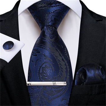 DiBanGu Dress Tie Berry Blue Floral Men's Silk Tie Handkerchief Cufflinks Clip Set