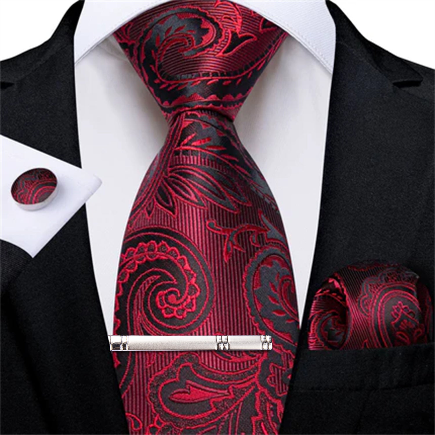 DiBanGu Dress Tie Red Paisley Men's Silk Tie Handkerchief Cufflinks Clip Set