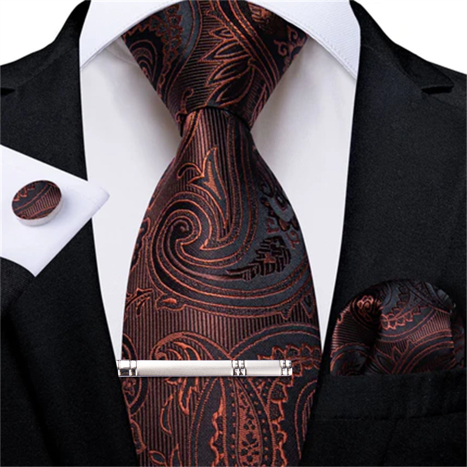 DiBanGu Dress Tie Brown Paisley Men's Silk Tie Handkerchief Cufflinks Clip Set