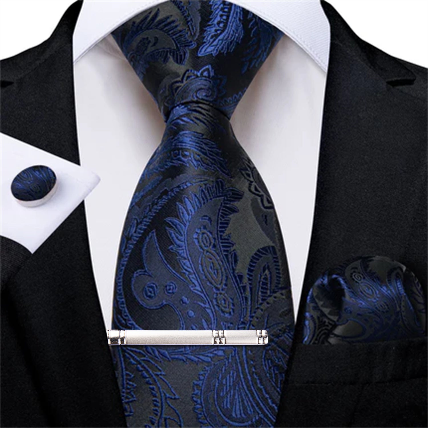 DiBanGu Dress Tie Navy Blue Floral Men's Silk Tie Handkerchief Cufflinks Clip Set