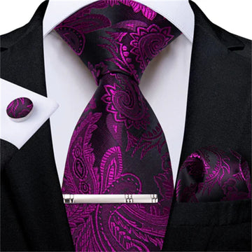 DiBanGu Dress Tie Violet Purple Floral Men's Silk Tie Handkerchief Cufflinks Clip Set