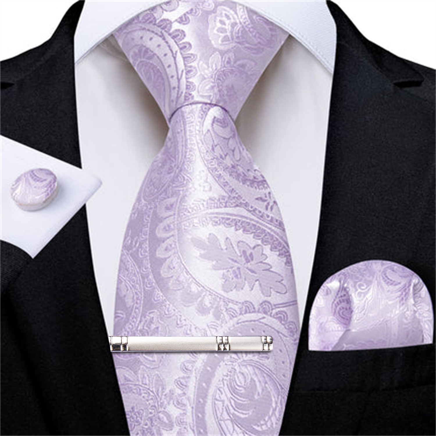 DiBanGu Dress Tie Lavender Purple Paisley Men's Silk Tie Hanky Cufflinks Clip Set