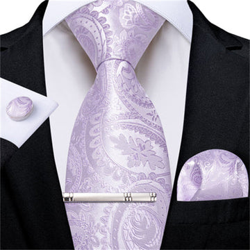 DiBanGu Dress Tie Lavender Purple Paisley Men's Silk Tie Hanky Cufflinks Clip Set