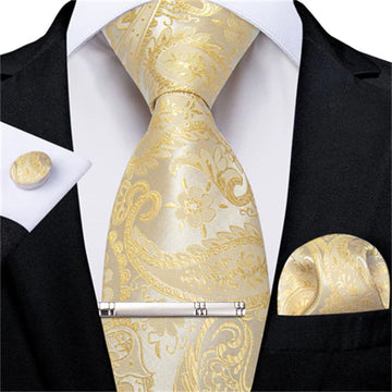 DiBanGu Dress Tie Blonde Yellow Paisley Men's Silk Tie Hanky Cufflinks Clip Set