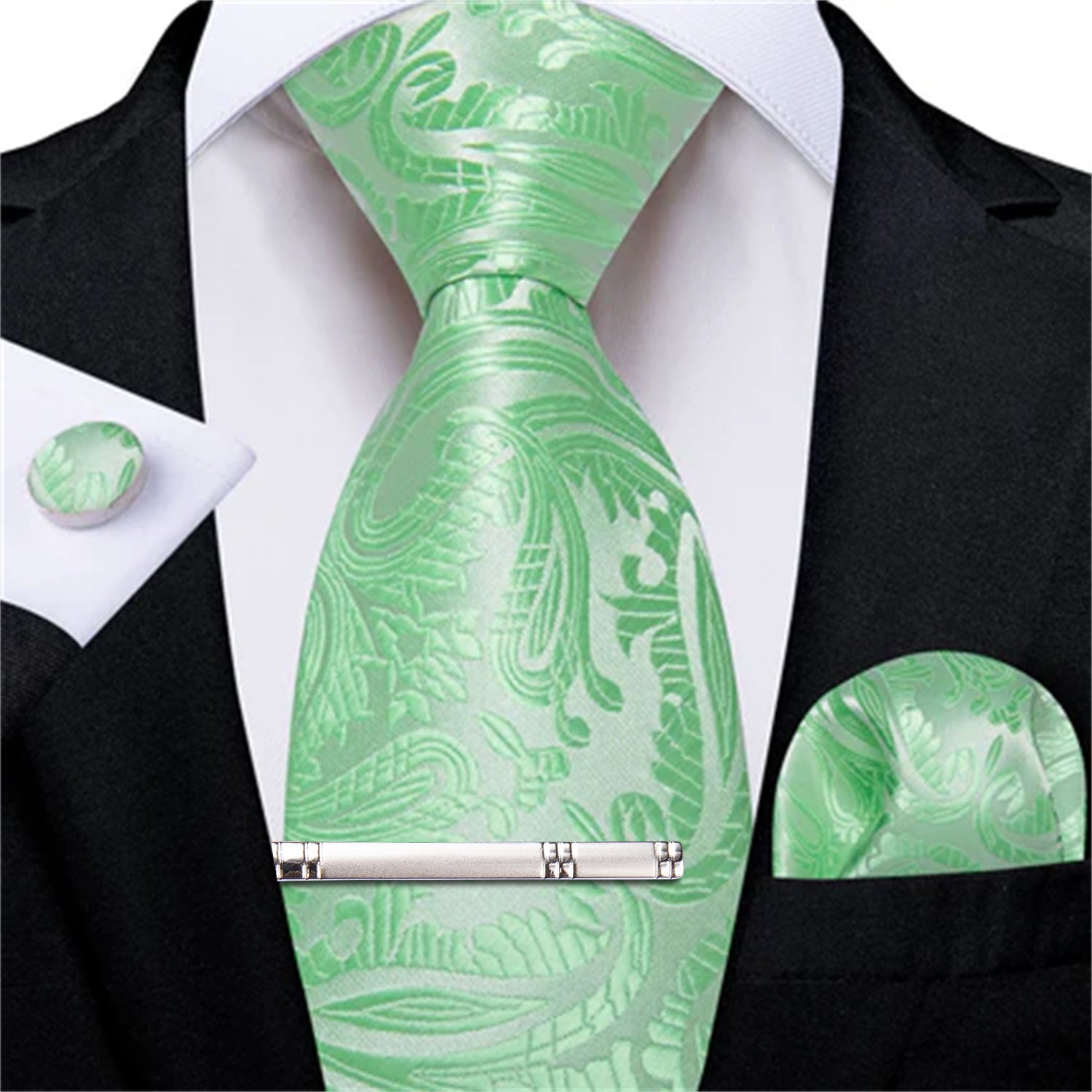 DiBanGu Dress Tie Mint Green Paisley Men's Silk Tie Hanky Cufflinks Clip Set