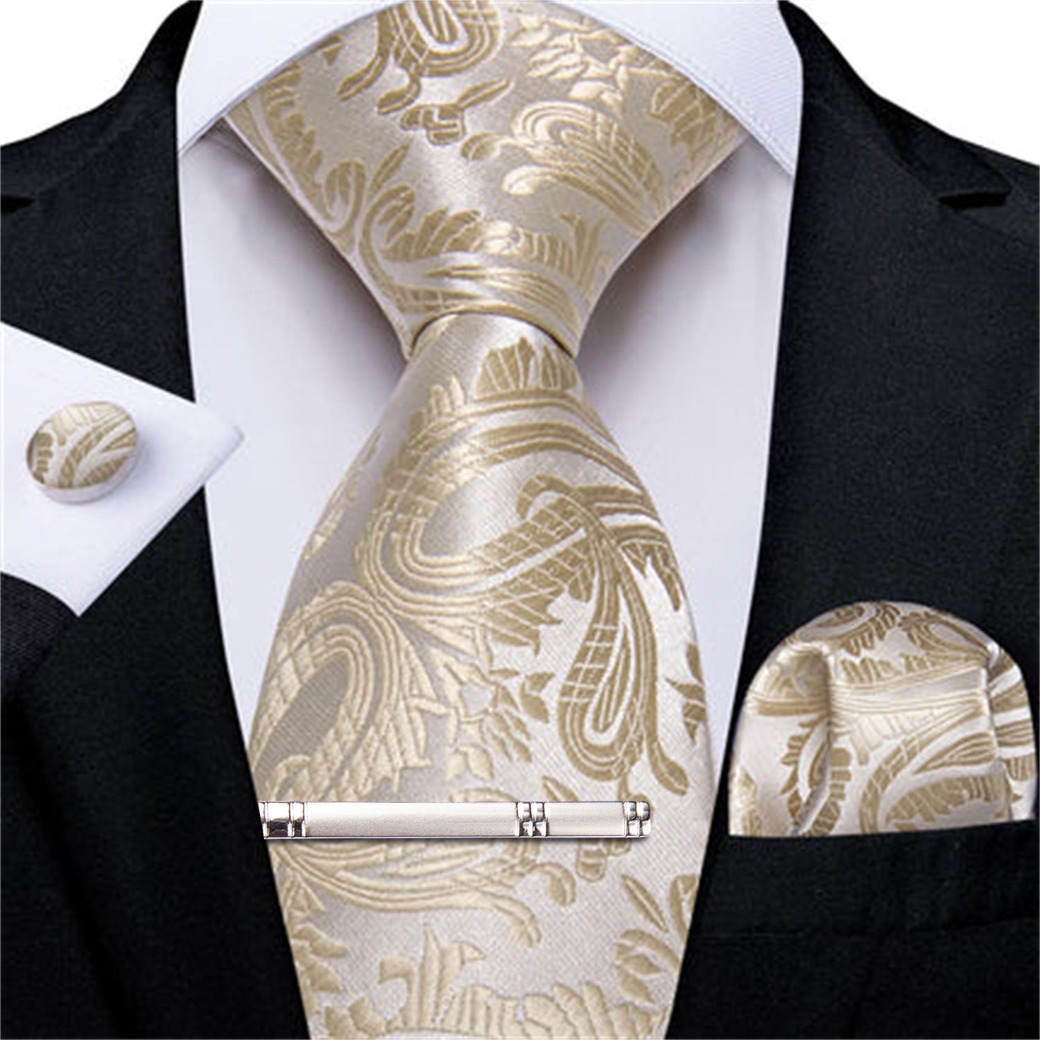 DiBanGu Dress Tie Cream White Paisley Men's Silk Tie Hanky Cufflinks Clip Set