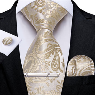 DiBanGu Dress Tie Cream White Paisley Men's Silk Tie Hanky Cufflinks Clip Set