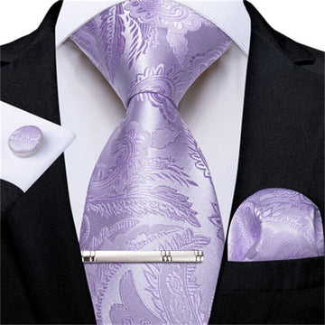 DiBanGu Silk Necktie Periwinkle Purple Floral Mens Dress Silk Tie Pocket Square Cufflinks Clip Set