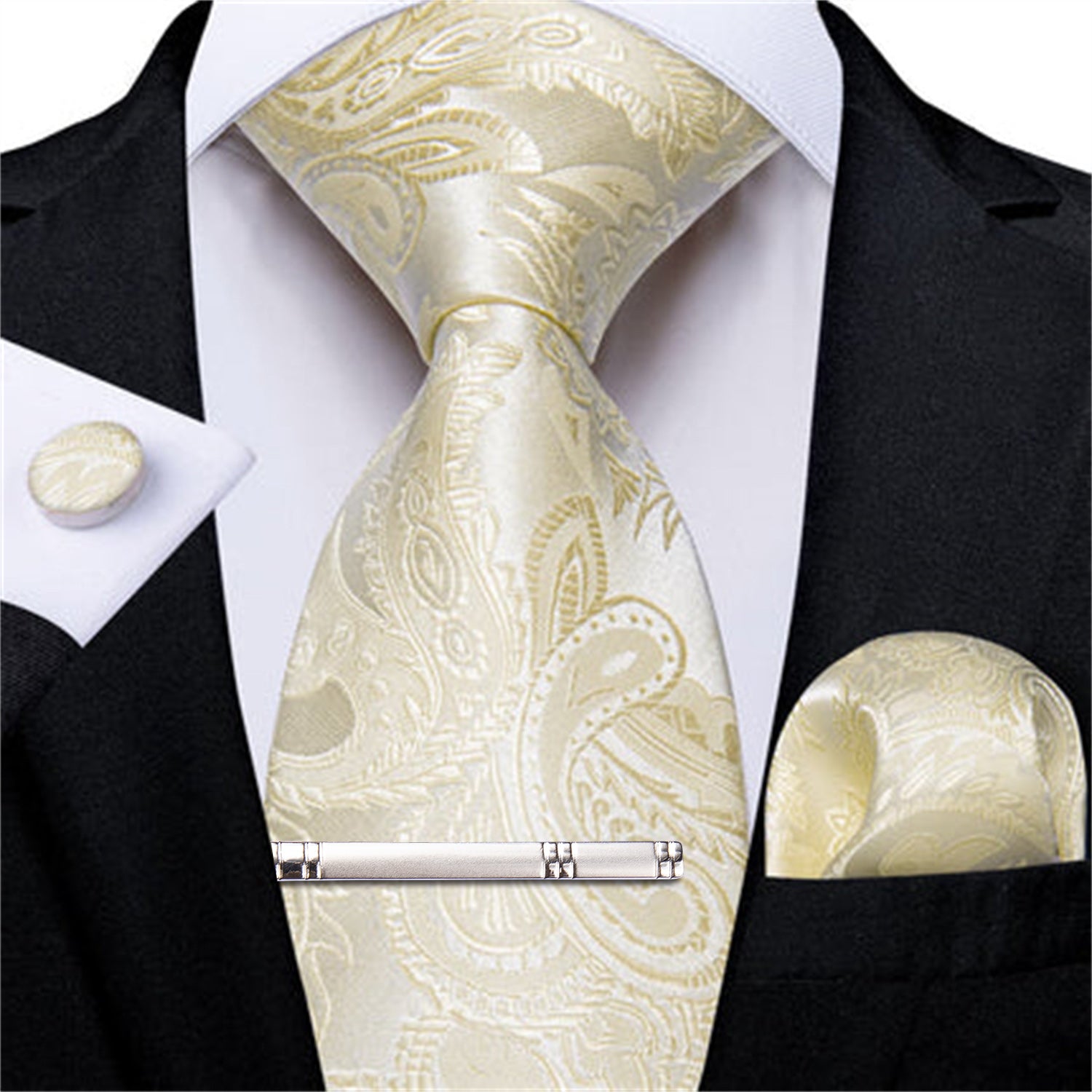 DiBanGu Silk Necktie Champagne Paisley Mens Dress Tie Pocket Square Cufflinks Clip Set
