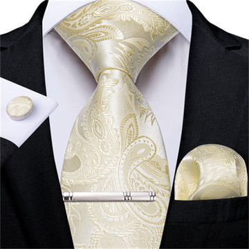 DiBanGu Silk Necktie Champagne Paisley Mens Dress Tie Pocket Square Cufflinks Clip Set